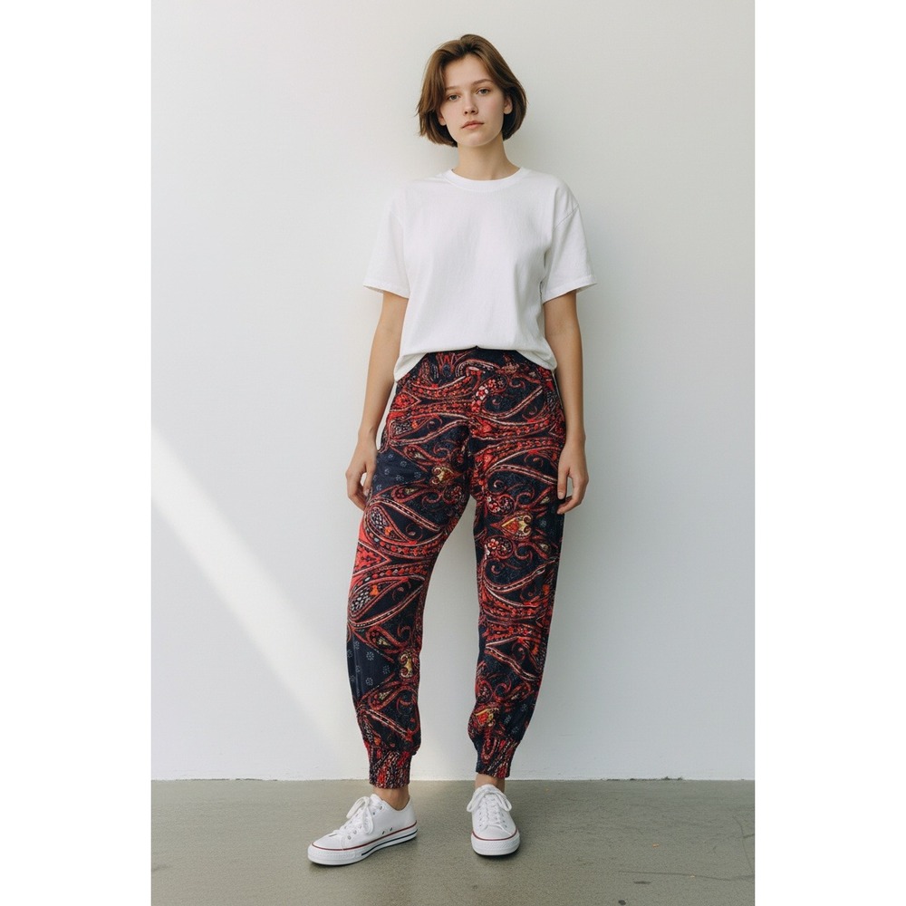 Lascana for Venus Red Navy Paisley Smocked Waist Jogger Pants Small